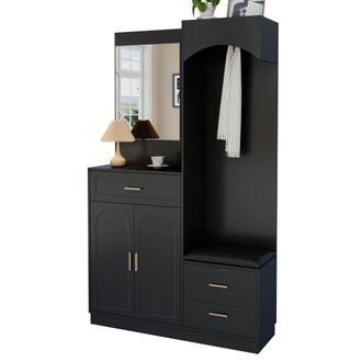 STILVORA Mueble De Entrada Con Espejo, 2 Puertas, 2 Cajones Y Banco Zapatero, Estantes Ajustables, Moderno, En Mdf, Negro, 110&times;33&times;185,5 Cm