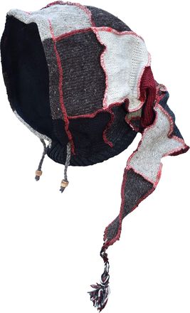 Gheri Woolen Fleece Lined Pixie Pointed Long Snood Hood Neckwarmer Wizard Hat Red Grey Patch