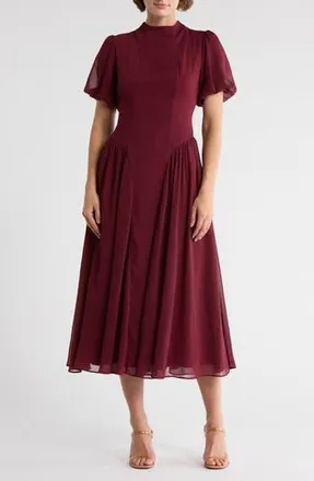 Mila Mae Mock Neck Puff Sleeve A-Line Midi Dress in Wine at Nordstrom Rack, Size Large