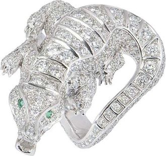 Bespoke 18ct white gold, diamond & emerald alligator dress ring 5.75ct 63.5EU