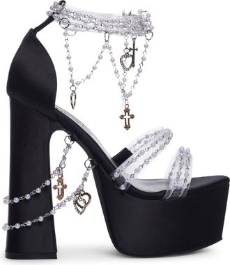 Dolls Kill Holy Revelation Platform Heels by Sugar Thrillz, Velvet Heels with Pearl Beads & Adjustable Straps, Black, 4.5 UK