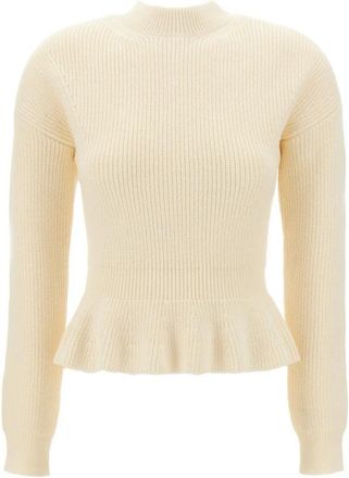 Chlo&eacute; Peplum-zoom Geribbelde Trui - Dames - Ronde hals truien - Beige - M - Wol - Truien & Vesten