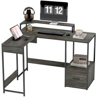 HOMCOM L Shaped Desk - Computer Table With Liftable Desktop - Charcoal grey | TJ Hughes