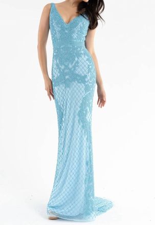 Primavera Sleeveless Plunging Neckline Dress In Light Turquoise