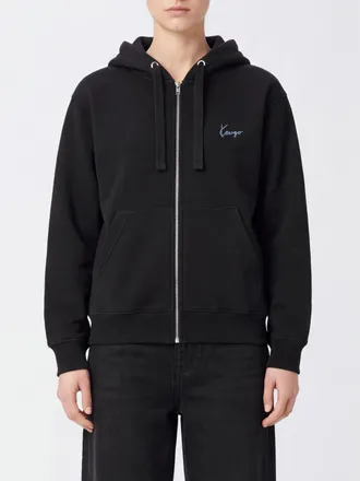 Kenzo Felpa con cappuccio e zip in cotone con logo a contrasto