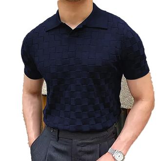 Generic Mens Vintage Plaid Knitted Polo T Shirts Casual Breathable Thin Knit Tops Solid Slim Polo Shirts 03 Dark Blue XXL