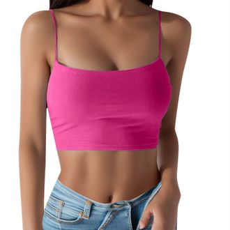Generic Summer Tank Tops for Women Square Neck Crop Top Sleeveless Vest Ladies Solid Spaghetti Strap Camisole Slim Short Cami UK Vacation Holiday Shirt Hot Pi