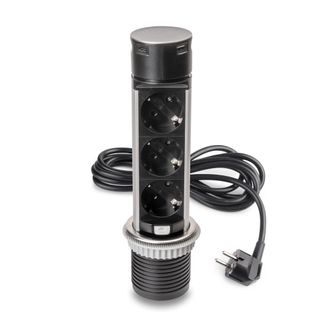 Emuca Multiconnettore Estraibile Vertikal Push 60, Diametro 60 Mm, 3 Prese Schuko, 1 Usb Tipo A, 1 Usb Tipo C, Acciaio E Tecnoplastica, Acciaio Inossidabile