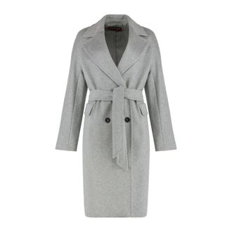 Max Mara Jassen, Dames, Grijs, L, Wol, Wollen Mantel met Ceintuur