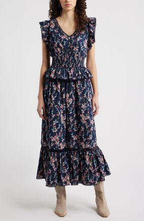 Treasure & Bond Floral Flutter Sleeve Peplum Dress in Navy Lilibet Floral at Nordstrom, Size Xx-Small