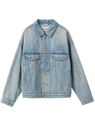Miu Miu logo-appliqu&eacute; denim jacket - women - Cotton - 44 - Blue