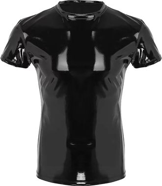 Feoya Mens Leather Shirt Top Slim Fit Wetlook Party Disco Blouse T-Shirt