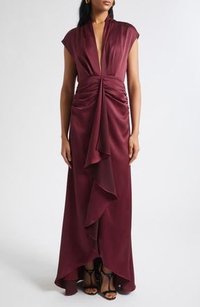Ramy Brook Catrin Plunge Neck Center Ruched Satin Gown in Cranberry at Nordstrom, Size 00