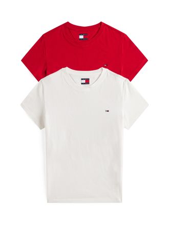 Tommy Jeans T-Shirt TOMMY JEANS TJW 2PACK C-NECK TEE, Damen, Gr. XS (34), beige (ecru, sapphire rot), Single Jersey, Obermaterial: 100% Baumwolle, gestreift, slim