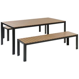 Beliani Conjunto De Comedor 6 Plazas De Metal Negro Madera Clara Cepillado 2 Bancos Nardo