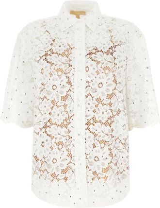 Michael Kors Studded Corded Floral Lace Shirt - Dames - Overhemden - Wit - L - Polyester - Overhemden