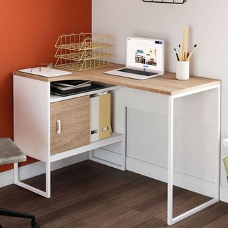 IDMarket Scrivania angolare rob in bianco e faggio con nicchia di contenimento e anta dal design industriale