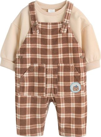 Next Check Cotton Sweatshirt Bodysuit & Overalls Set in Tan at Nordstrom, Size 12-18M