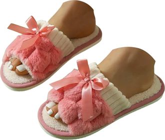 Generic Bow Slippers for Women with Memory Foam Open Toe Slippers Women Non-Slip Sole Warm Plush Indoor Outdoor Slipper Ladies Cute House Shoes Comfy Soft Bed