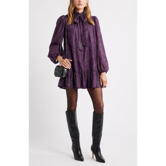 Treasure & Bond Metallic Floral Jacquard Long Sleeve Shift Minidress in Purple Bramble at Nordstrom Rack, Size X-Small