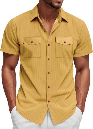 Generic DENGJIAMY Corduroy Shirt Men Summer Casual Beach Vacation Tee Short Sleeve Basic Plain Button Down Shirt Collar Tops Classic Tees for Mens (Yellow, M)