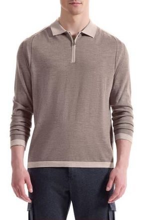 Bugatchi Long Sleeve Merino Wool Quarter Zip Polo Sweater in Walnut at Nordstrom Rack, Size X-Large
