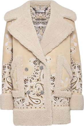 Philipp Plein Shearling Oversize Lange Jas Paisley Bandana - Dames - Mantel - Beige - L - Polyester - Jassen
