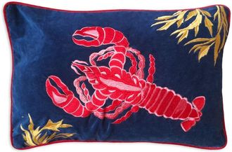 Les-Ottomans Blue Lobster-Embroidered Linen Cushion - Unisex - Linen/Flax
