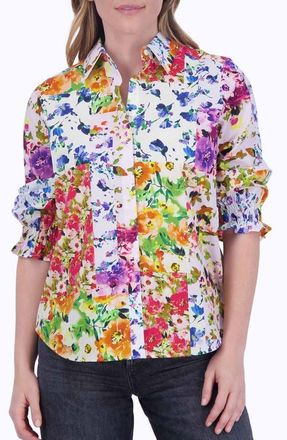 Foxcroft Olivia Floral Ruffle Sleeve Button-Up Shirt in Blue/Yellow Multi at Nordstrom, Size Medium