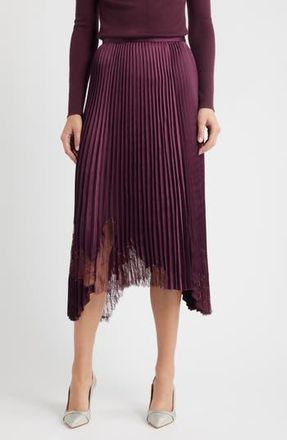 BOSS Velacey Lace Detail Pleated Asymmetric Satin Skirt in Soft Vermillion at Nordstrom Rack, Size 14