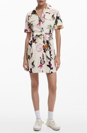 Desigual Floral Belted Mini Shirtdress in Light Beige at Nordstrom Rack, Size X-Small