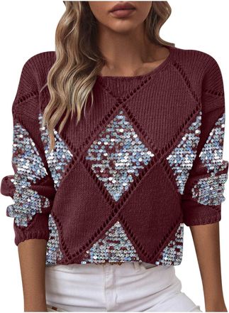 Generic Ladies Christmas JumpersFleece Diamond Pattern Crewneck Long Sleeves Sweaters Casual Comfortable Soft Tops Fleece Knit Jumpers Dating Office Travel Ho