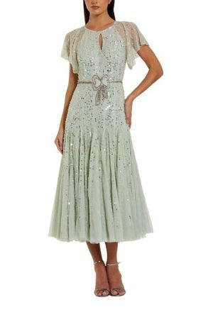 Mac Duggal Womens Enbellished Bow Flutter Sleeve A Line Midi Dress in Seafoam at Nordstrom, Size 16