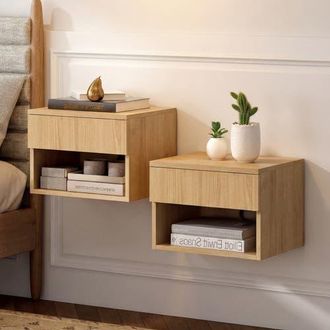 Jonathan Y Designs Ettore Mid-Century Modern Floating Wall Mounted Nightstand with Soft-Close Drawer and Cable Hole in Light Oak -(Set Of 2) at Nordstrom