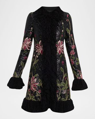 Giambattista Valli Sequin Embroidered Faux Fur Trim Coat