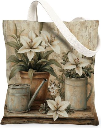 Generic Spring Farmhouse Lilies Canvas Tote Bag for Shopping 13x15, Rustic Vintage Floral Reusable Grocery Print Bag for Women, Country Flower Beach Aesthetic