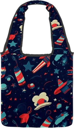 Generic Independence Day Space Reversible Canvas Shoulder Tote - Double-Sided Print, 12oz Cotton, 27cm Drop, Fold-Flat Bag for Travel, Shopping, Street Outing