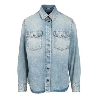 Versace Stonewashed Katoenen Denim Overhemd - Heren - Spijkeroverhemden - Blauw - 4XL - Katoen - Overhemden
