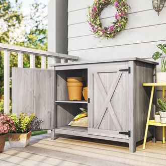 OUTSUNNY Wooden Garden Shed Tool Cabinet 110 x 60 x 88.5 cm, Light Grey | Size: 110 x 60 x 88.5 cm