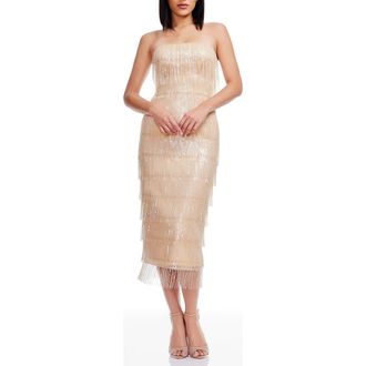 Dress The Population Viviana Fringe Strapless Body-Con Dress in Champagne at Nordstrom Rack, Size X-Large