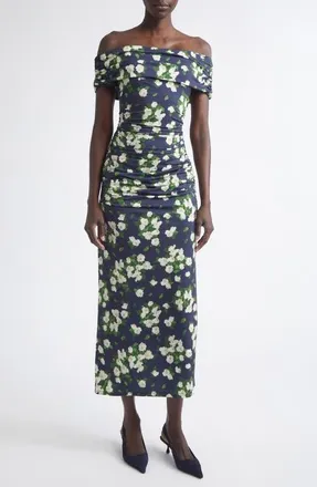 Carolina Herrera Floral Print Ruched Off the Shoulder Jersey Dress in Midnight Multi at Nordstrom, Size Medium
