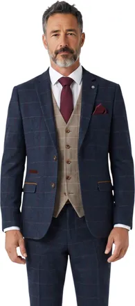 PAUL ANDREW Madrid Navy Tweed 3 Piece Heritage Check Suit with Brown Waistcoat