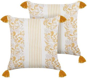 Beliani Conjunto De 2 Cojines De Algod&oacute;n Amarillo Blanco 45 X 45 Cm Floral A Mano Biloba
