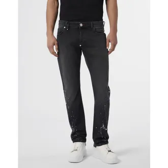 Philipp Plein Super Straight Cut Jeans Paint Men in Pantherblack at Nordstrom, Size 38