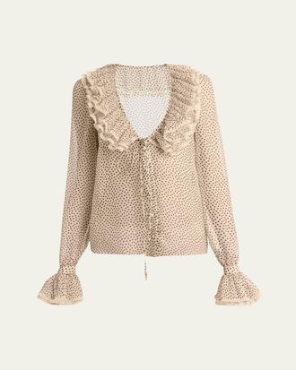 Valentino Garavani Micro Polka Dot Ruffle Chiffon Blouse