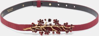 Oscar De La Renta Oscar De La Renta Burgundy Satin Crystal Embellished Slim Belt