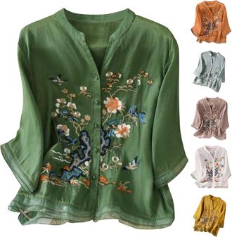 Generic Linen Shirt Women Summer Embroidery Linen Tunic Tops Retro Jacquard Short Sleeve Boho Blouse Casual Loose Fit Flowy Hem Tee Shirt Lightweight Summer B