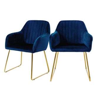 ML Design Ml-design - Juego De 2x Sillas De Comedor Azules Asiento Ergon&oacute;mico Acolchado Tapizado De Terciopelo, Patas De Metal Dorado Sill&oacute;n De Dise&ntilde;o Moderno P