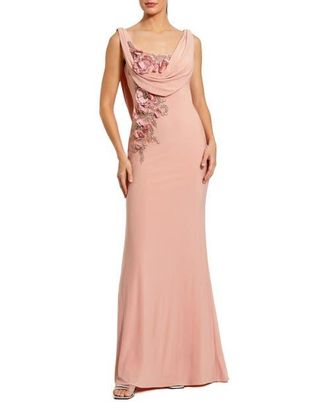 Mac Duggal Sleeveless 3D Flower Detailing Cowl Neck Gown in Peach at Nordstrom, Size 10
