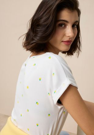 Tamaris T-Shirt TAMARIS, Damen, Gr. 34, wei&szlig; gemustert, Single Jersey, Obermaterial: 95% Viskose, 5% Elasthan, gemustert, l&auml;ssig geschnitten h&uuml;ftlang, Rundhal